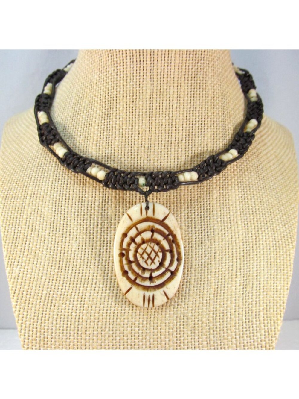 Handcrafted MacramΓ© Choker Necklace with Carved Pendant Bead Accents Adjustable